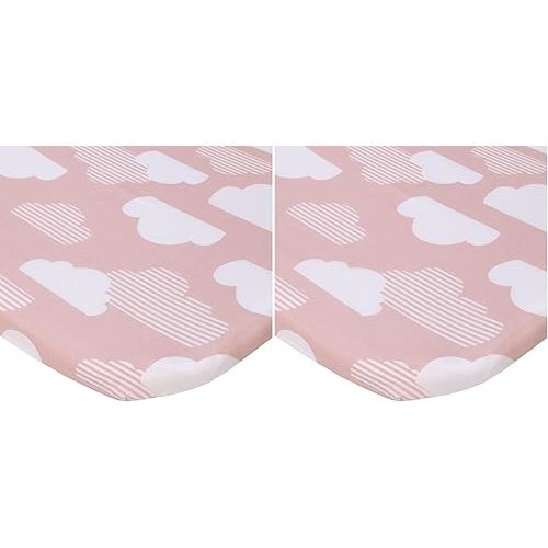NoJo Skip Hop Cozy-Up 2-in-1 Bedside Sleeper Pink and White Clouds 100% Cotton Fitted Bassinet Sheet (Pack of 2)