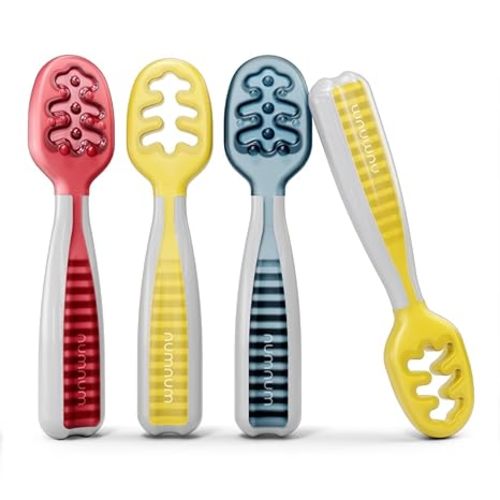 NumNum Baby Spoons Set, Baby Essentials Pre-Spoon GOOtensils for 6+ Months, First Stage Self-Feeding Spoons for Baby Led Weaning (BLW), Silicone Toddler Utensils, BPA-Free, 4 Pack Primary Colors