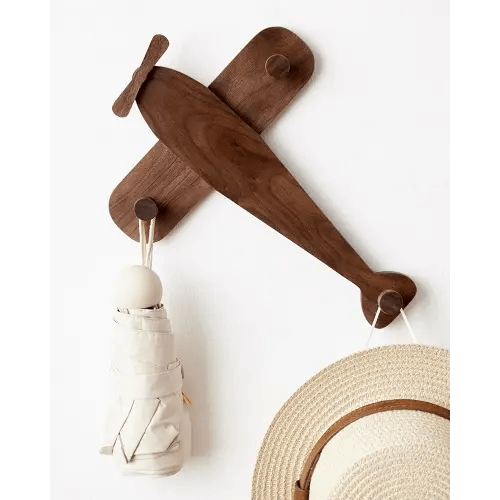 Kids Coat Rack Wall Mount, Airplane-Shaped Wooden Wall Coat Hooks for Kids, Cute Walnut Coat Hanger Heavy Duty for Bathrooms, Door, Entryway, Kids Room, or Nursery
