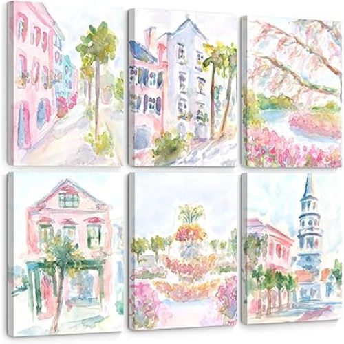 Charleston South Carolina Wall Art Preppy Posters Pictures Pastel Pink Canvas Wall Decor Aesthetic Coquette Posters Wall Art Trendy Watercolor Wall Decor Church Street Pictures 12x16x6 Inch Framed