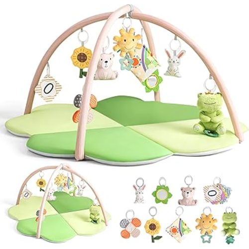 Baby Play Mat, Tummy Time Mat for Sensory Development, 4-Leaf Clover Baby Play Mat & Gym with 9 Detachable Toys, Portable & Easy to Clean, 0-9+ Months