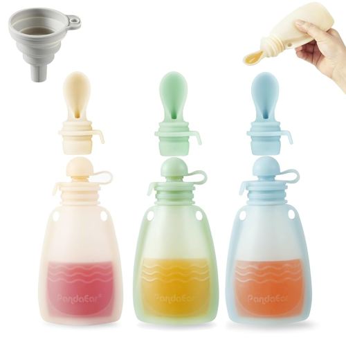 PandaEar 3 Pack Silicone Baby Food Pouches, Reusable Squeeze Pouches for Toddler with 3 Silicone Puree Feeder Spoon, BPA-Free Silicone Refillable Infant Food Storage, 5.5 oz (Beige&Blue&Green)