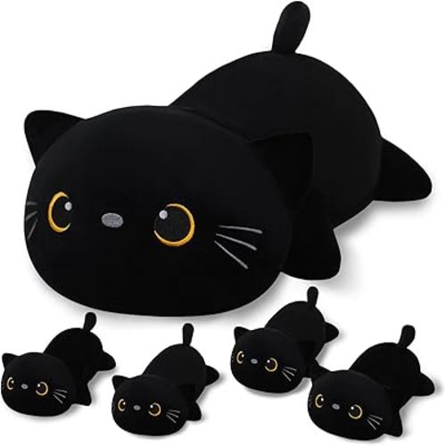 SQEQE Black Cat Mommy Stuffed Animal with 4 Babies Cat in her Tummy, Cute Black Cat Plush Toys for Kids, Gifts Ideal for Christmas, Valentine's, Birthday
