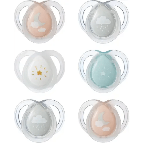 Tommee Tippee Night Time Pacifier, 0-6 Months, Symmetrical Silicone Baglet, BPA-Free Binkies, Glow in The Dark Technology, Pink Pastels, Pack of 6