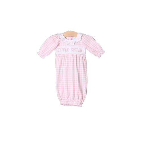 Smocked Little Sister Pink Gingham Gown
