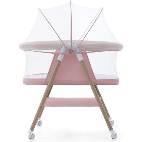 Jaoul Baby Bassinet, Portable Baby Travel Crib for Baby Bed with Wheels Comfy Mattress Mosquito Net Storage for Infant Newborn Lightweight and Breathable Mesh Design Pink