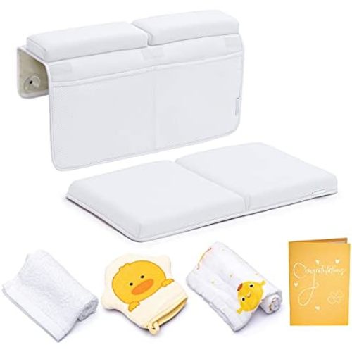 Bath Kneeler and Elbow Rest Pad, Extra Thick Baby Bath Kneeling Pad and Elbow Pad for Bathtub. Bath Tub Elbow Pad with Infant Toy and Baby Accessories Organizer, Off White Color
