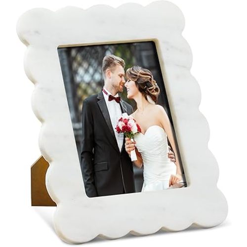Scalloped Marble Picture Frame Display Photos Tabletop Display White Frame Home Picture with Acrylic Transparent Board Decor for Bookshelf Table Home(5 x 7 Inches)