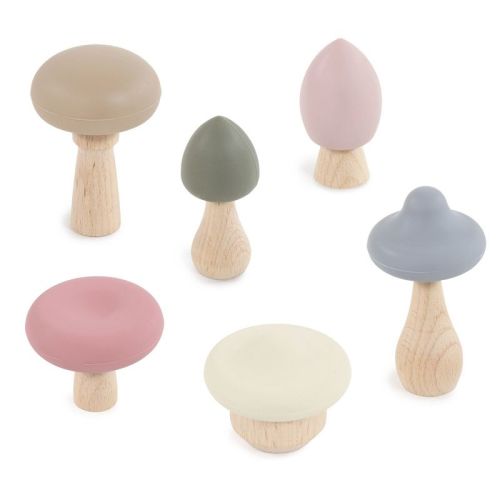 Hudson Baby 6pc Wood and Silicone Mushroom Toy Set, Light, One Size