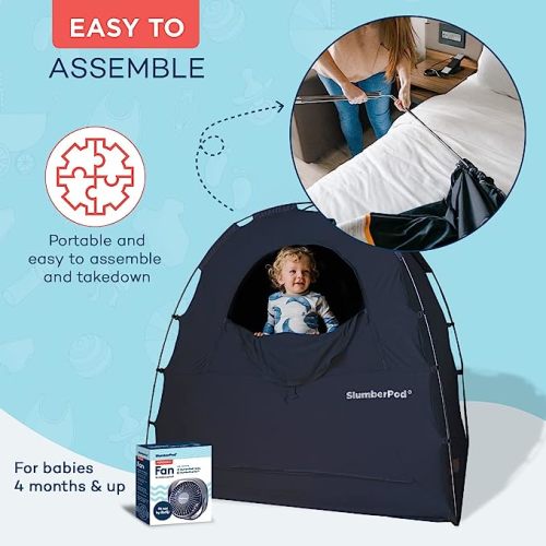 SlumberPod Portable Privacy Pod Blackout Canopy Crib Cover, Sleeping Space for Age 4 Months and Up, Pack n Play Blackout Cover, Baby Travel Crib Canopy (Navy with Fan 3.0) - Navy 3.0 - Combo (With Fan)