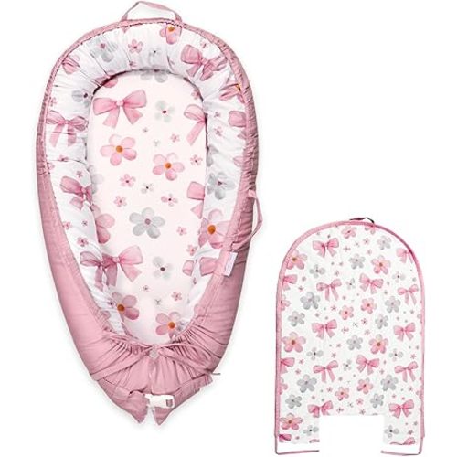 Hooyax Baby Lounger Cover Only, 100% Cotton Newborn Nest Cover, Soft Portable Baby Nest Replacement Cover for Boys Girls, Breathable Infant Lounger Covers, Baby Essential (Bow Flower)