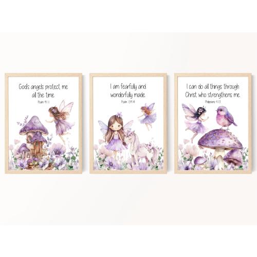 Fairy Scripture Prints, Fairy nursery decor, Fairies and Unicorn Art, Kids Scripture Verse, Purple Fairy Decor, Fairytale Nursery, Printable