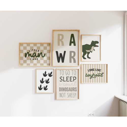 Neutral Dinosaur Boy Room Wall Art Set - Mixed Sizes