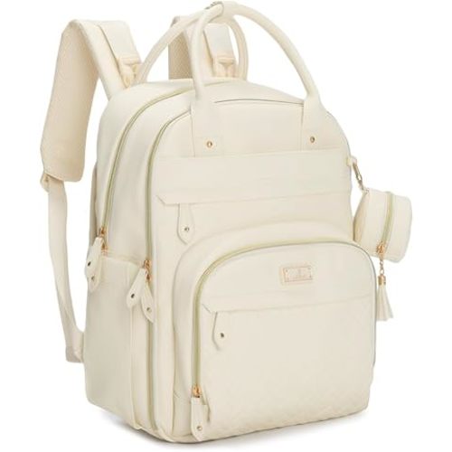 BabbleRoo Leather Diaper Bag Backpack - Baby Essentials Travel Baby Bag, Multi function, Waterproof, with Changing Pad, Stroller Straps & Pacifier Case – Unisex, Eggshell White