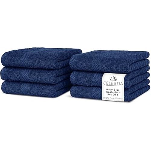 Cotton Washcloths Set of 6, 12x12 Inch, 100% Ring-Spun Combed Cotton, Soft Absorbent Quick-Dry Wash Cloths for Face and Body, Oeko-TEX Certified, Hotel & Spa Quality, Navy Blue