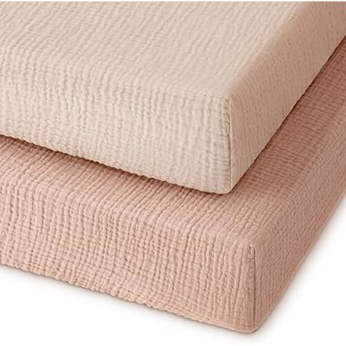 Muslin Pack and Play Sheets Fitted, 100% Cotton Mini Crib Sheets 2 Pack for Pack N Play Mattress, Stretchy Playard Sheet, Soft and Breathable Gradient Pink