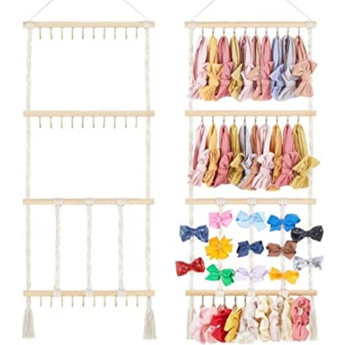 Dahey Headband Holder Bow Hanger for Girls Hair Bows, Macrame Headbands Hair Accessories Hanger Necklace Display with 30 Hooks Wall Hanging Over Door Organizer Boho Nursery Decor for Baby's Room