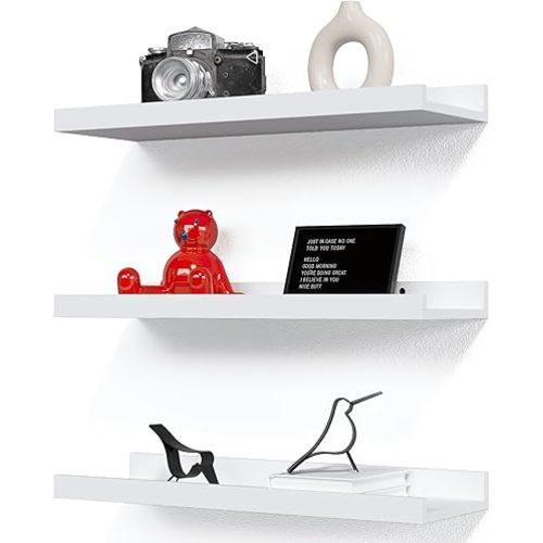 RICHER HOUSE 3 Set White Floating Shelves, Wall Mounted Shelves for Wall Decor, Picture Ledge Shelf with Lip for Storage - Nursery, Bedroom, Living Room, Bathroom