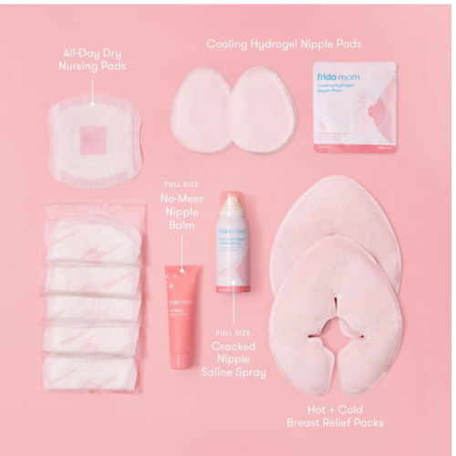 Frida Mom Breastfeeding Survival Kit for Nursing Moms, Reusable Hot+Cold Breast Relief Packs, Hydrogel Nipple Pads, Cracked Nipple Saline Spray, Nipple Balm, Nursing Pads, 13 Piece Gift Set