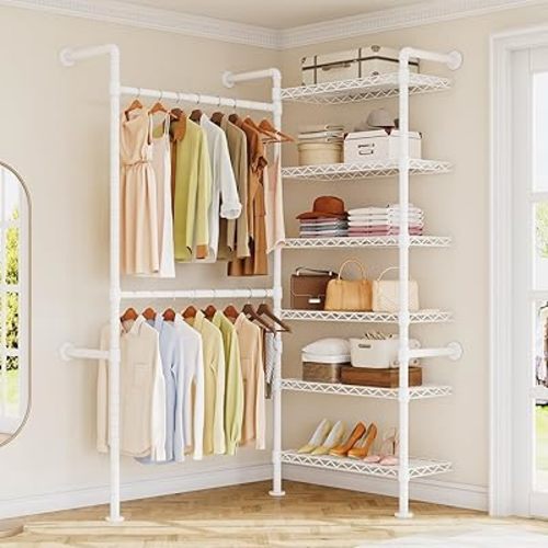 L2 Wall Mounted Closet System, Industrial Pipe Clothing Rack Clothes Racks with 2 Telescopic Rod & 6 Shelves, Heavy Duty Closet Organizers System in Wardrobe Closet, White