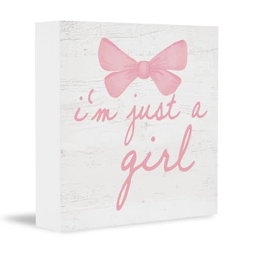 CUANFDDSF Trendy Pink Bow Coquette Room Decor Wooden Box Sign, Coquette Party Decor, Girls Room Decors, i’m Just a Girl Girly Bowknot Signs for Home Dorm Wall Desk Shelf Tabletop Decoration 5X5In