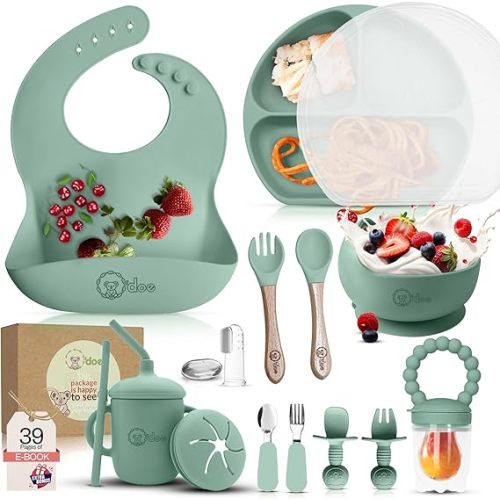 O'doe 17 Pcs Baby Led Weaning Feeding Supplies for Toddlers, Baby Feeding Set | Suction Silicone Baby Bowl Self Eating with Fruit Feeder, Cup, Bibs, Food Plate Kit with Lid 6+ Months | Green, V2