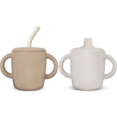 Silicone Sippy Cup and Training Cup for Baby 6 Months+ Soft Spout, Straw Lid and Dual Handles Unbreakable Easy Grip for Babies and Toddlers 1-3 Years 5oz/150ml (Oat and Tan)
