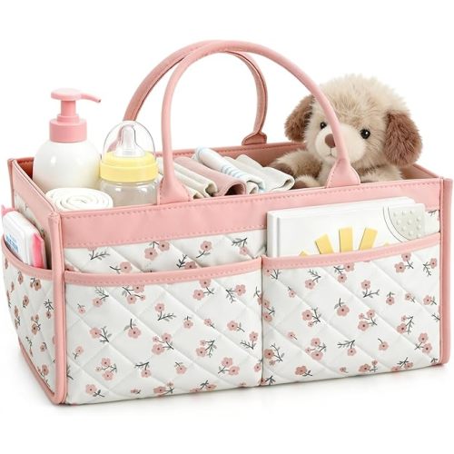 Baby Diaper Caddy Organizer – Stylish Storage Basket for Newborn Essentials, Nursery & Diaper Station, Registry Must-Have, Sage Green Botanical
