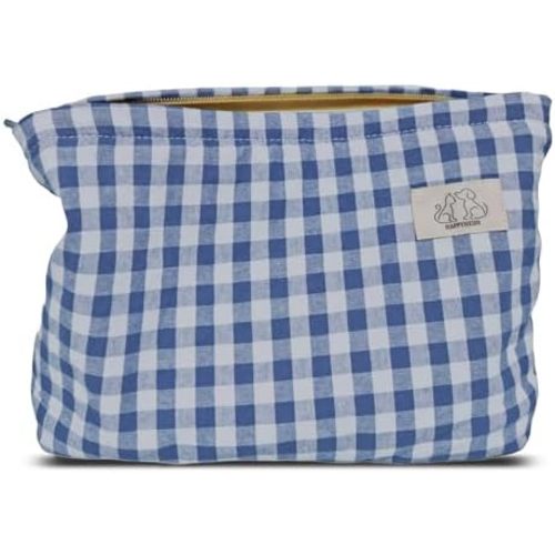 Blue Gingham Cotton Travel Pouch