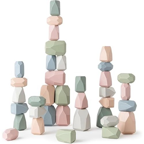 Comfy Cubs Stacking Rocks 36 Pieces, 36 Months+, Educational Toddler Stacking Blocks, Promotes Imagination, Balance & Fine Motor Skills - Wooden Rocks Sensory Toys Gift for Kid, Neutral Pack