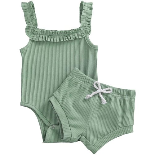 Meiweileya Newborn Baby Girl Clothes Solid Ruffle Sleeveless Romper Ribbed Bodysuit Shorts Infant Summer Outfits