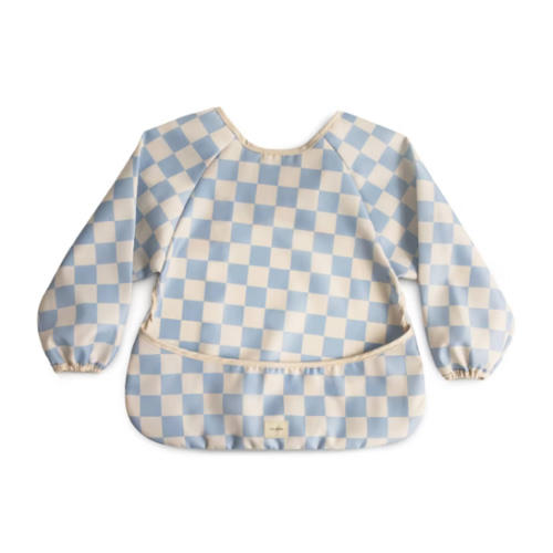 Mushie Long Sleeve Bib Smock With Pocket - Blue Check