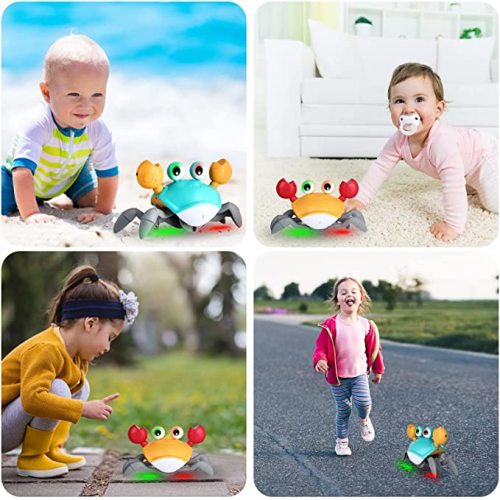 Crawling Crab Baby Toy for Kids with Music and LED Light up,Toddle Interactive Learning Electronic Toy with Auto-Obstacle Avoidance,USB Rechargeable,Green Moving Walking Toy for Babies Boys Girls - Crab:green