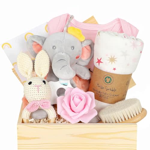 iAOVUEBY Baby Girl Gifts, Baby Shower Gifts for Girls, Baby Gift Set for Newborn Girl Essentials, Wooden Baby Gift Basket Swaddle Blanket Rattle Toy Onesie Infant Hair Brush