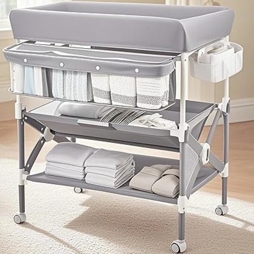 Portable Baby Changing Table, Babevy Foldable Diaper Change Table with Wheels, Adjustable Height, Cleaning Bucket, Changing Station for Infant Mobile Nursery Organizer for Newborn, Grey