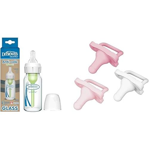 Dr. Brown's Natural Flow Anti-Colic Options+ Narrow Glass Baby Bottle, 4 oz, Level 1 Slow Flow Nipple, 1 Pack, 0m+ and HappyPaci 100% Silicone Pacifier 0-6m, BPA Free, 3 Ct