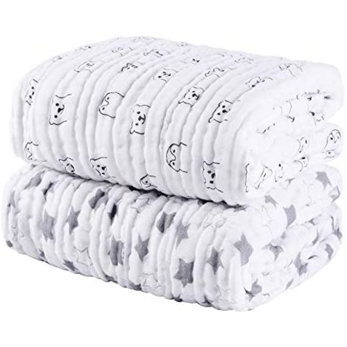 Baby Muslin Bath Towels, AKK BABY Super Soft Cotton Receiving Blanket for Baby's Delicate Skin, 2 Pack 37X37 Inches White, Upgrade 6 Layers Thick Cotton Baby Bath Towel for Newborns Boy Girl