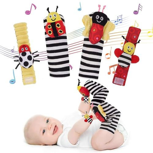 Baby Wrist Rattle Socks and Rattles Socks Set Cartoon Baby Socks Baby Toys for Toddlers 1-3 Year Old Newborn Sensory Toys 3-6 Months Early Learning Toys Baby Shower Gifts for Boys Girls - Red and black