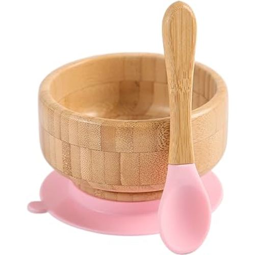 Baby Bamboo Bowls with Suction and Matching Spoon Set - 2PC Feeding Supplies Set for Infant, Toddlers - Detachable Silicone Suction Stay Put Base for Wooden Bowl - BPA Free (Pink)