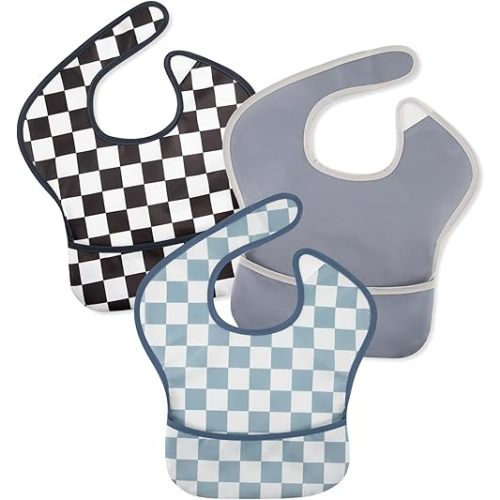 Mess Proof Baby Bib 3 Pack, Waterproof Led Weaning Baby Feeding Bibs with Food Catcher, Travel Feeding Bibs