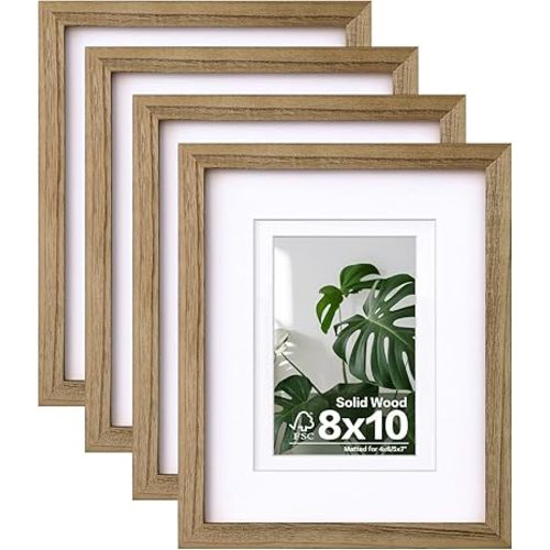 Egofine 8x10 Picture Frames with Plexiglass, Display Pictures 4x6/5x7 with Mat or 8x10 Without Mat Set of 4 for Tabletop and Wall Mounting, Carbonized Brown