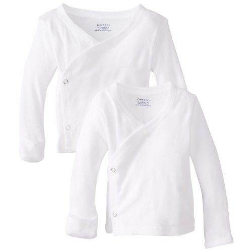 Gerber Baby 2-Pack Long-Sleeve Side-Snap Mitten-Cuff Shirt, White, 0-3 Months