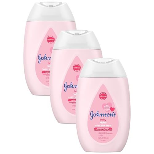 Johnson's Moisturizing Mild Pink Baby Lotion with Coconut Oil for Delicate Baby Skin, Paraben-, Phthalate- & Dye-Free, Hypoallergenic & Dermatologist-Tested, Baby Skin Care, 3.4 Fl. Oz (Pack of 3)