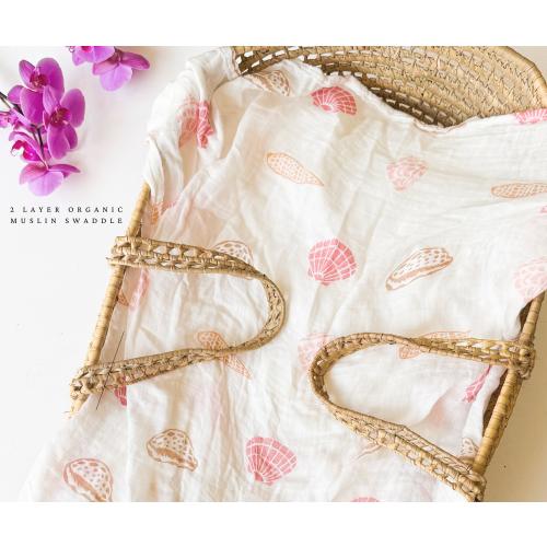100% Organic Bamboo & Cotton Seashell Muslin Baby Blanket or Swaddle, Boho Mermaid Gift For newborns or kids, Perfect Ocean Nursery Decor