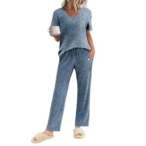 Ekouaer Womens Ribbed Knit Lounge Set Short Sleeve Top and Long Pants Sleepwear Pajama Set Two Piece Matching Outfits Set