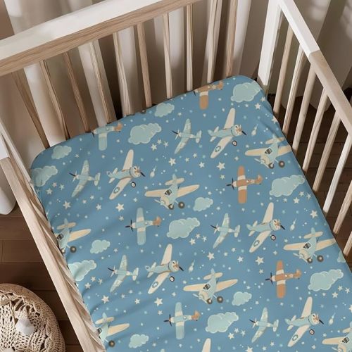 Cartoon Plane Pattern Baby Sheets for Crib, Unisex Plane Star Cloud Nursery Fitted Bed Sheet for Boys Girls Standard Crib and Toddler Mattress-28x52