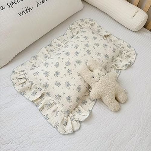 BuLuTu Cotton Muslin Toddler Pillowcases with Blue Flowers Print Soft Breathable Gauze Small Pillow Case for Toddler Boys Girls Nursery Decor, Shower Gift, 12"x20", 1 pc