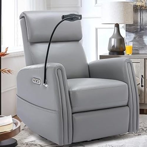 COLAMY Power Recliner Chair Swivel Glider Rocker for Nursery, Upholstered Faux Leather Living Room Rocking Reclining Single Sofa Chair with 2 Device Holders, Grey