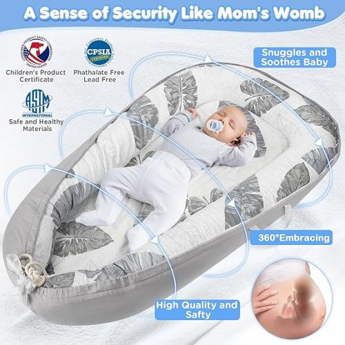 Baby Lounger - Baby Lounger For Newborn, Breathable & Soft Baby Nest Cover Co Sleeping for baby 0-24 Months, Babies Essentials Gifts, Portable Infant Lounger Baby Floor Seat for Home and Travel - Grey Feather