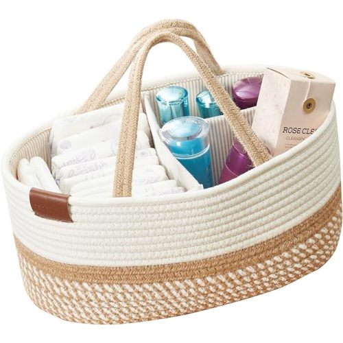 DECOMOMO Diaper Caddy Organizer, Large Nursery Organizers and Storage, Baby Diaper Caddy Basket with Removable Divider for Boy Girls Mom Gifts (Spiral Beige & White, Large)